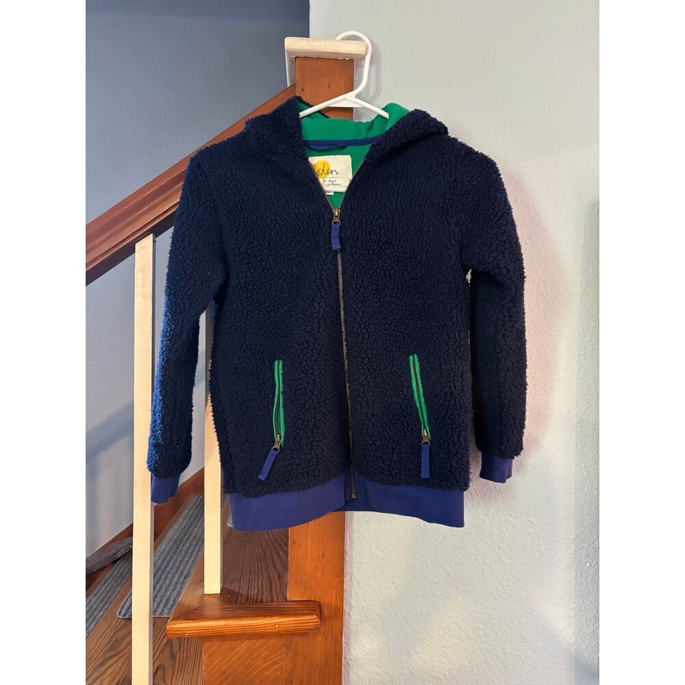 Mini Boden 9/10 140 navy blue Sherpa zip coat jacket sweater green lined